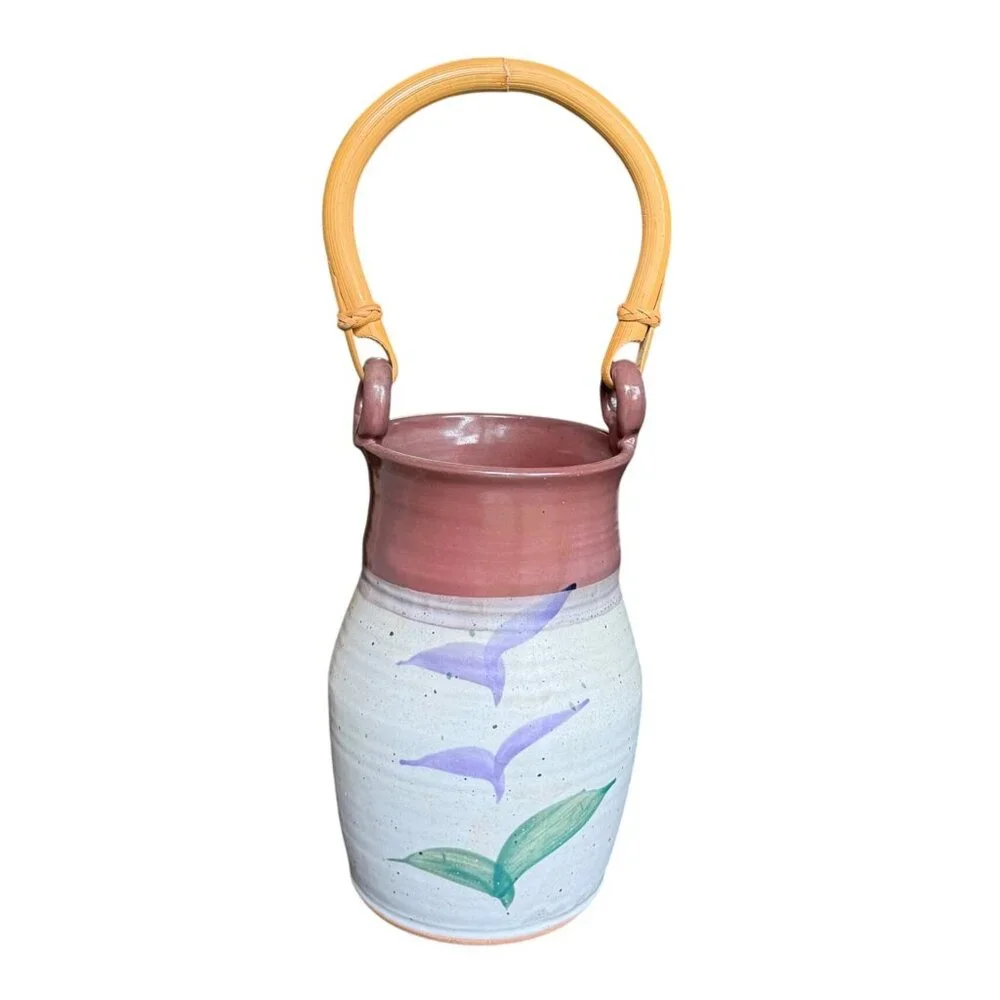 Handmade‎ Studio Pottery Vase w/ Bamboo Handle Purple Gray Green Vessel Abstract